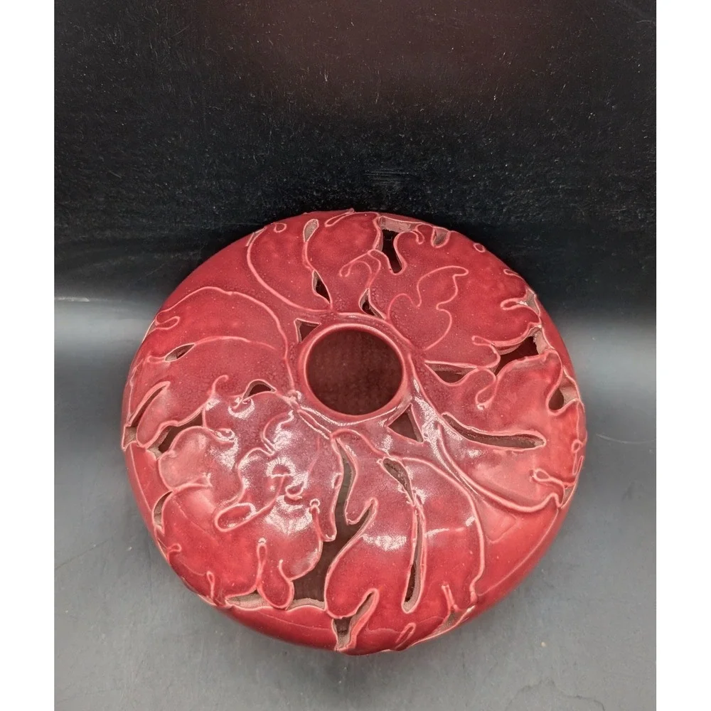 Seville Industries Oxblood Red Reticulated Pierced Leaf Ceramic Bud Vase 5